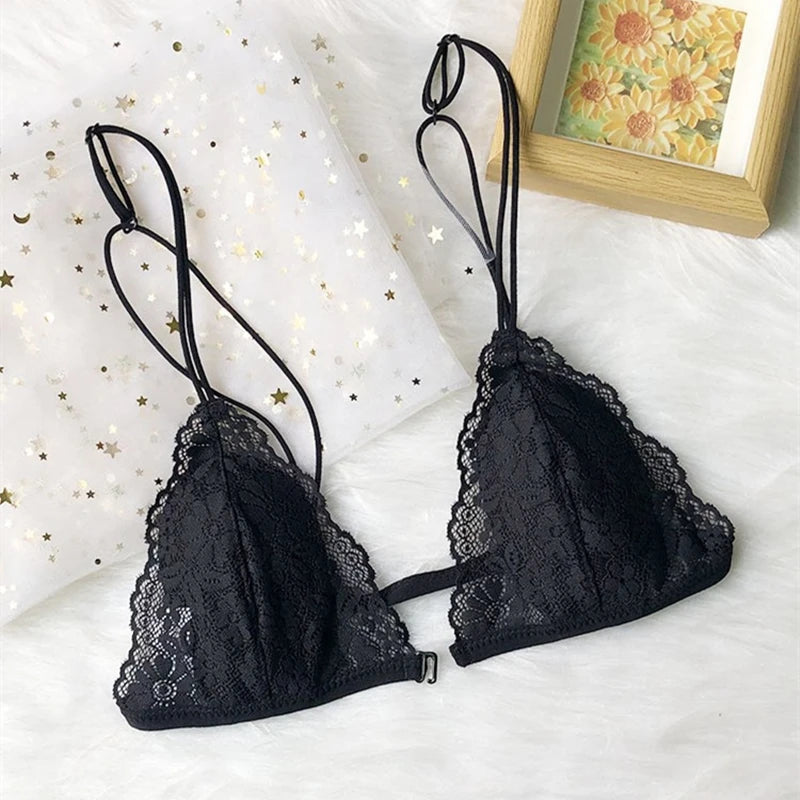 French Underwear Women's Front Buckle Triangle Cup Thin Strap Beautiful Back Thin Style Lace Summer Sexy Pure Bra for Women